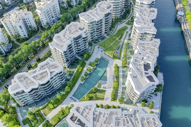 Modern and luxury smart home condominiums in Singapore, seen from above during a hot summer day.